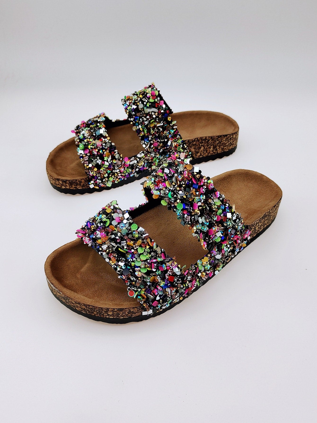 New Faux Cork Double Strap Slippers With Diamante Glitter, Soft & Cushioned