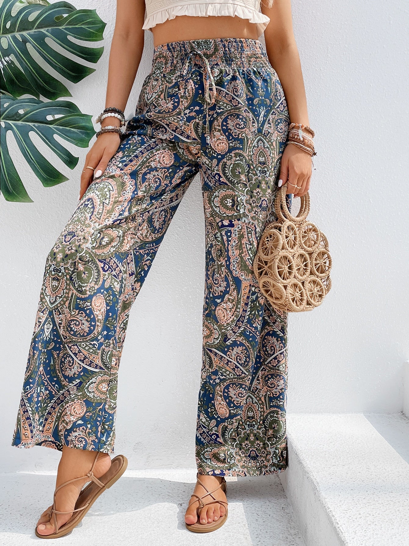 Women's Paisley Print Shirred Waist Tie Long Pants