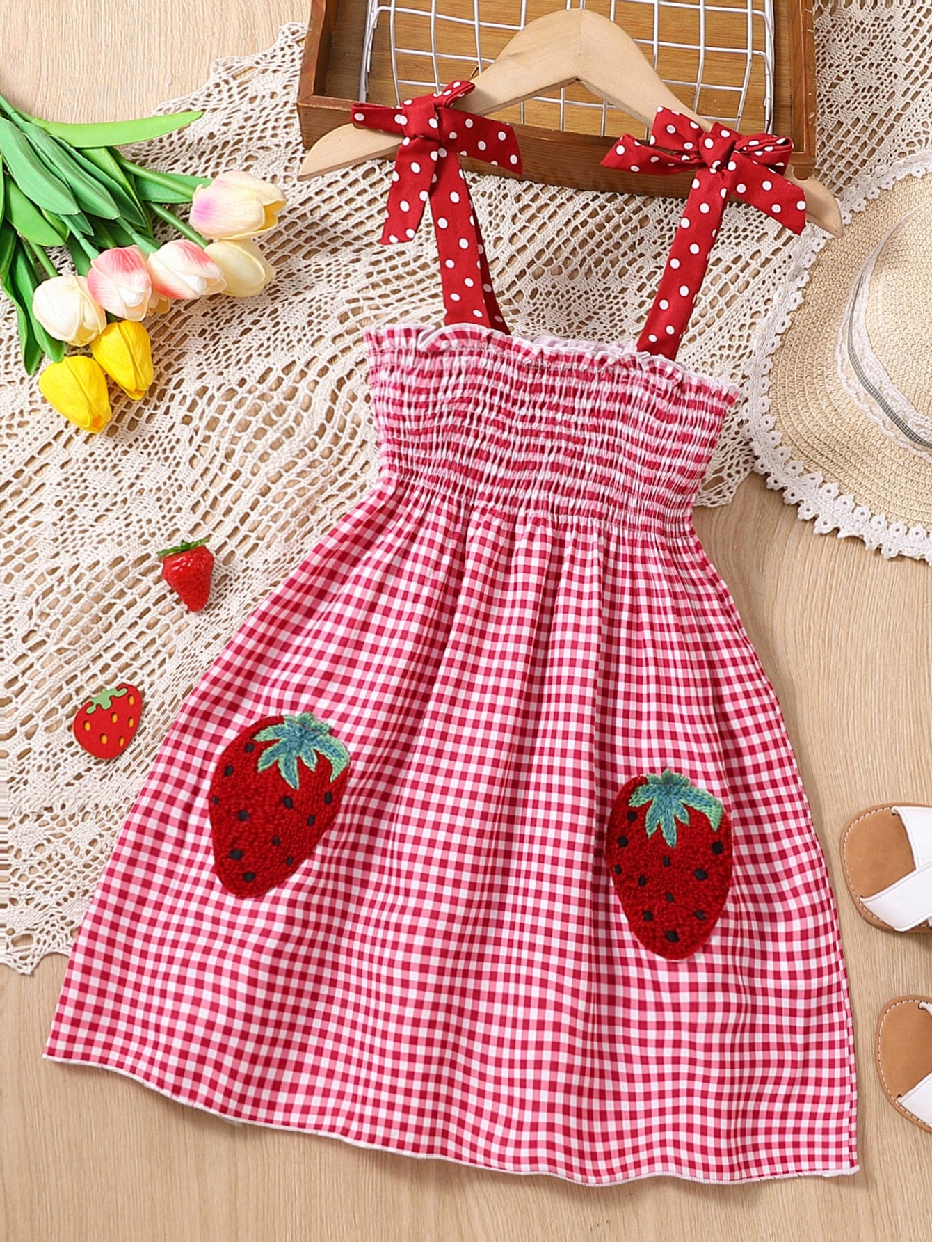 Young Girl Strawberry Patched Gingham Print Tie Shoulder Cami Dress