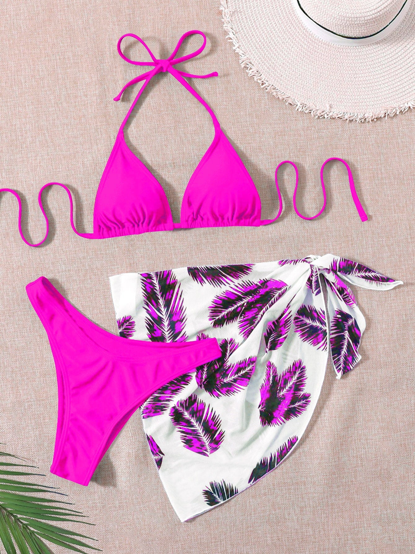 Swim Summer Beach Leaf Print Bikini Set Halter Triangle Bra & High Cut Bottom & Cover Up Skirt 3 Piece Bathing