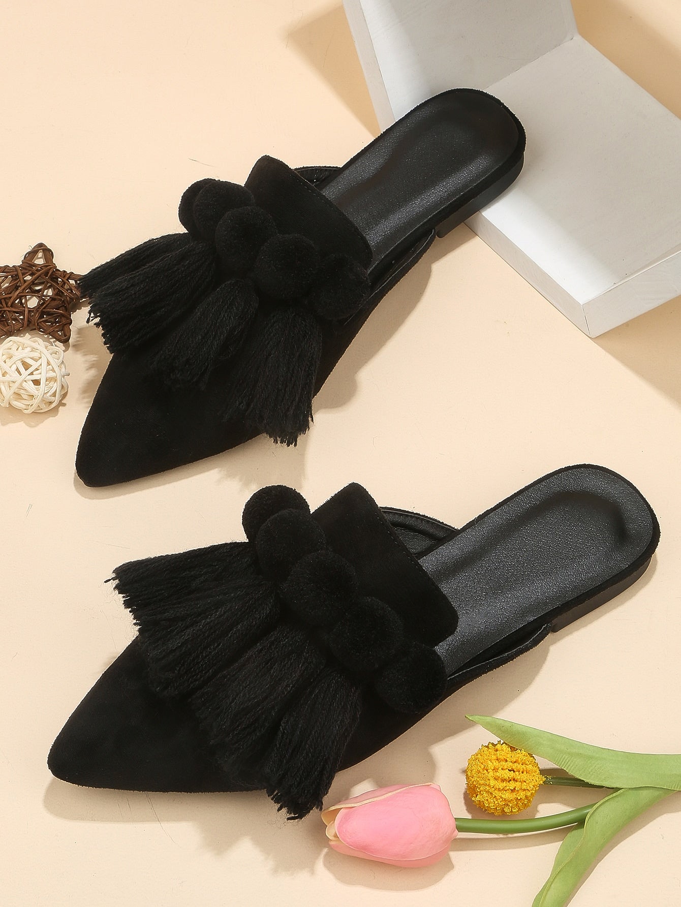 Tassel Decor Point Toe Flat Mules