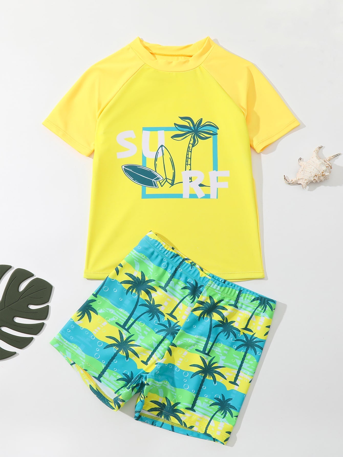 Tween Boy Tropical & Letter Print Swimwear Set, Youth