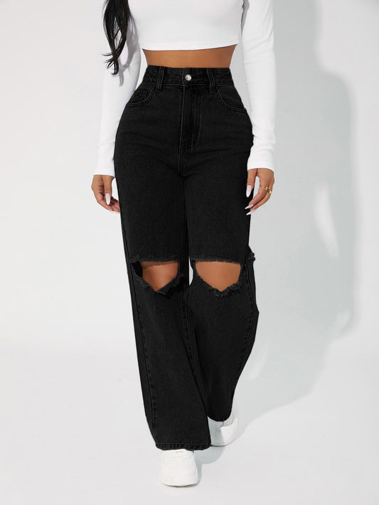 High Waist Cut Out Straight Leg Jeans