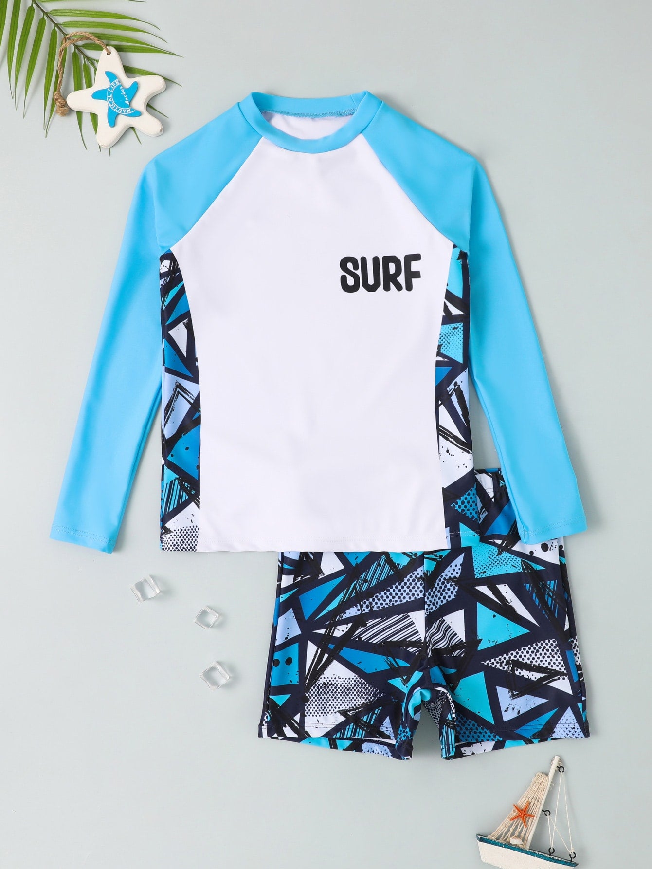 Tween Boys' Swimwear, Teenage High-Neck Letter Printed Beach Swimwear With Random Printed Bottoms