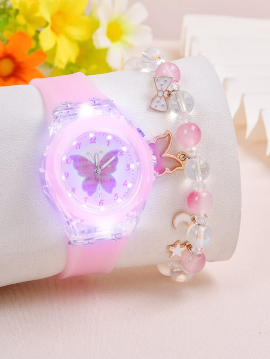 1pc Girls Butterfly Pattern Silicone Strap Cute Luminous Round Dial Quartz Watch & 1pc Beaded Bracelet, For Daily Life