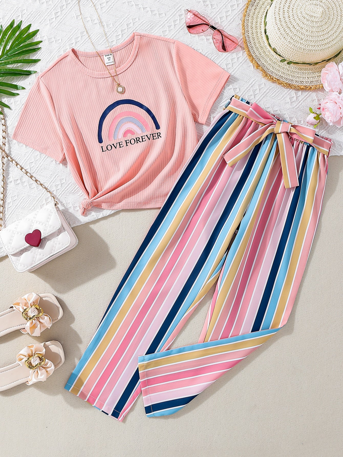 Tween Girl Rainbow & Letter Graphic Tee & Block Striped Belted Pants