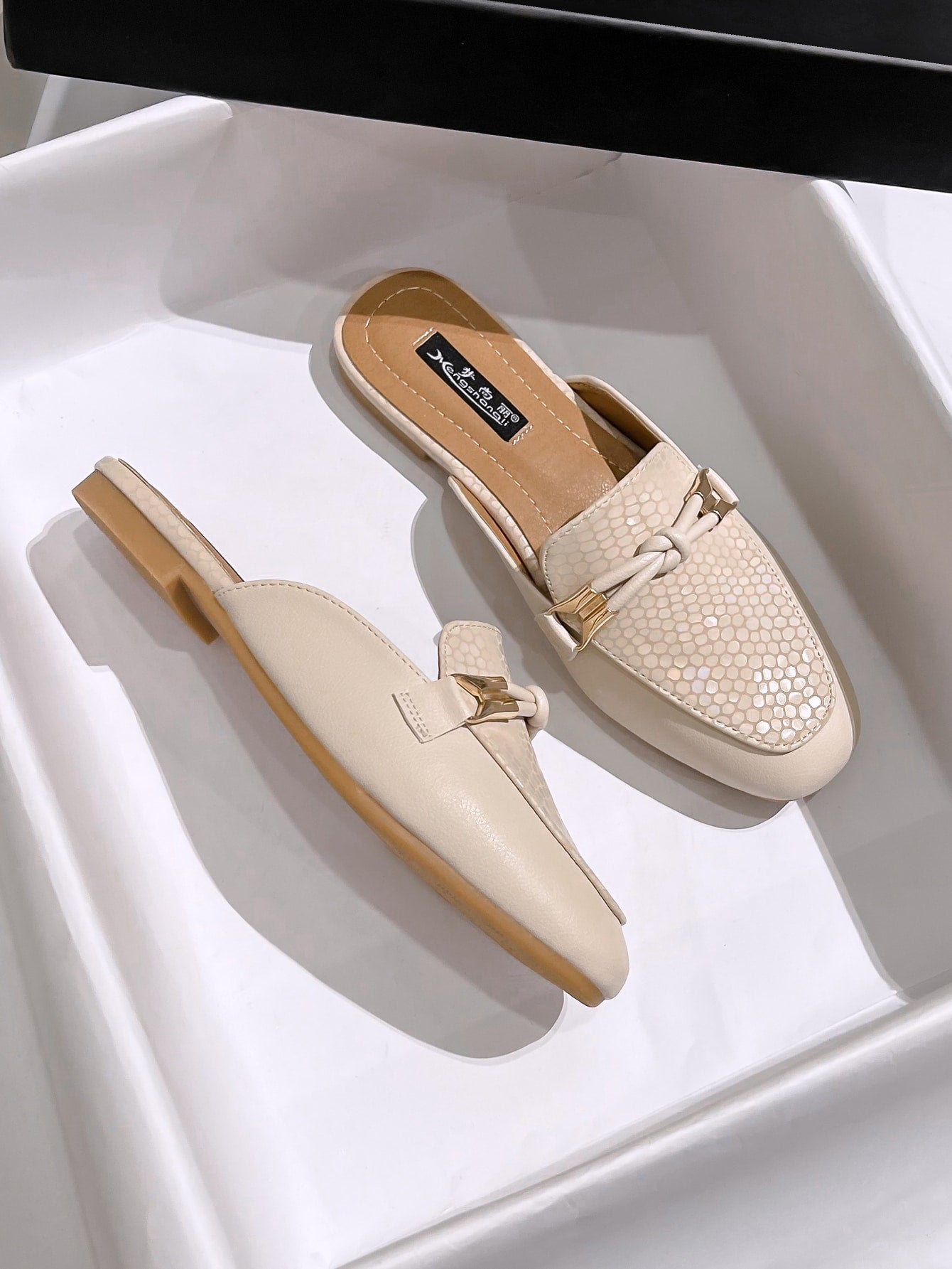 Women Beige Knot Decor Square Toe Flat Mules, Elegant Knot Detail Shoes For Daily