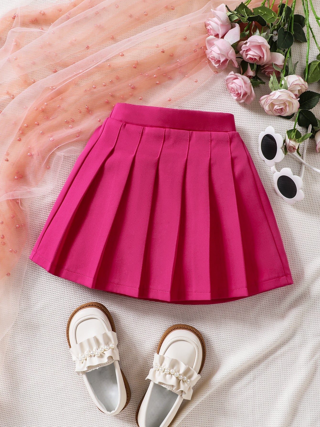 Young Girl Solid Pink Casual Pleated Skirt, Versatile Fashion For Summer