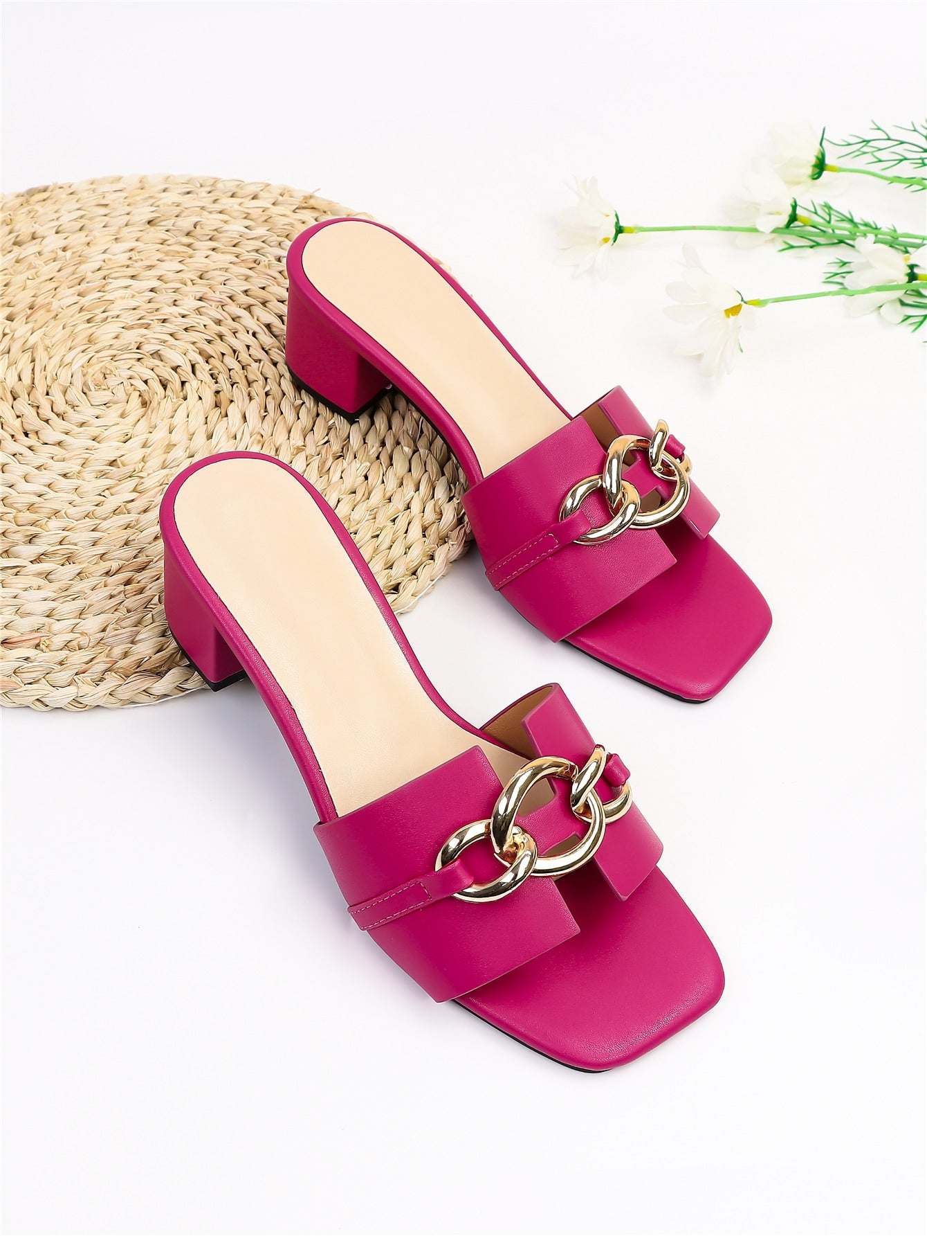 Ladies" Simple Style Metal Decor Slip-On Mules High Heeled Sandals For Summer