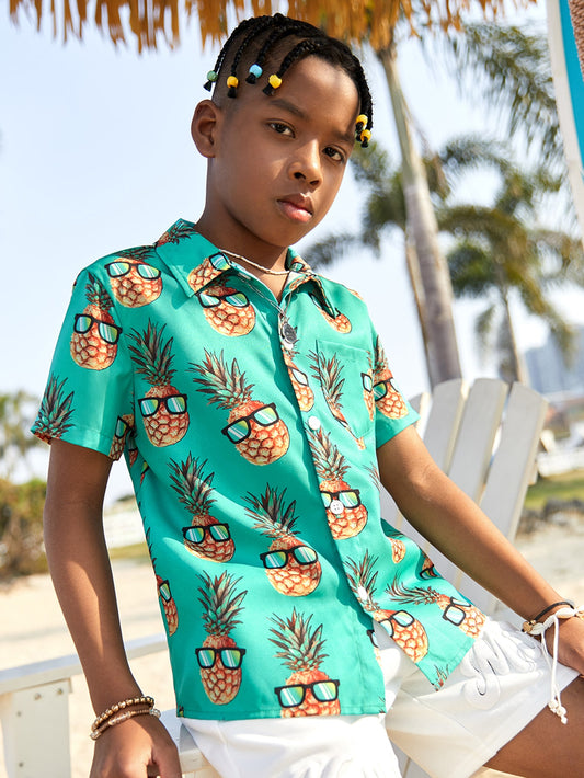 Tween Boy's Fun Fruit Print Loose Woven Short Sleeve Vacation Style Shirt