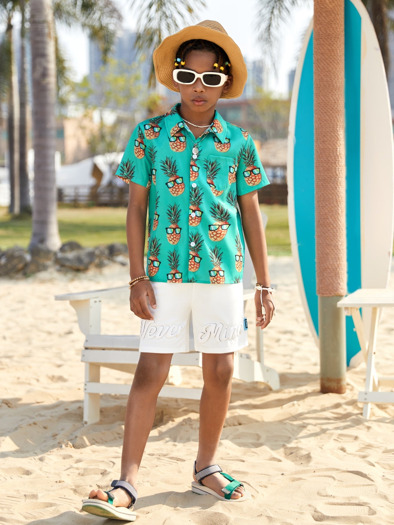 Tween Boy's Fun Fruit Print Loose Woven Short Sleeve Vacation Style Shirt