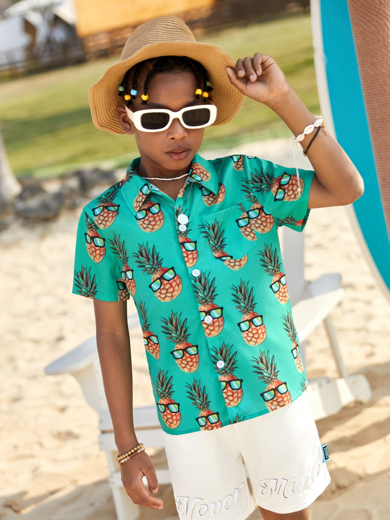 Tween Boy's Fun Fruit Print Loose Woven Short Sleeve Vacation Style Shirt