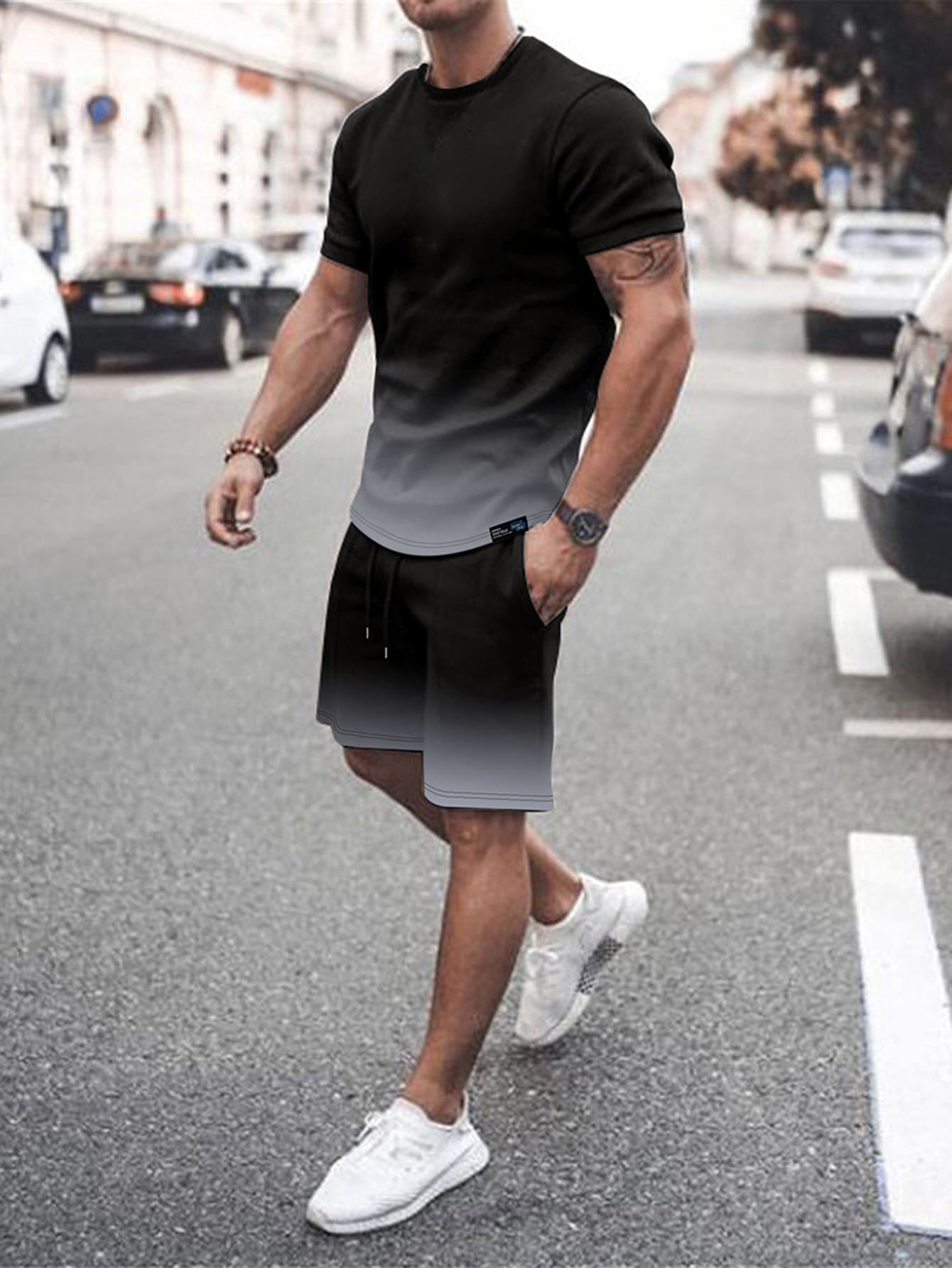 Men Plus Ombre Tee & Drawstring Waist Shorts