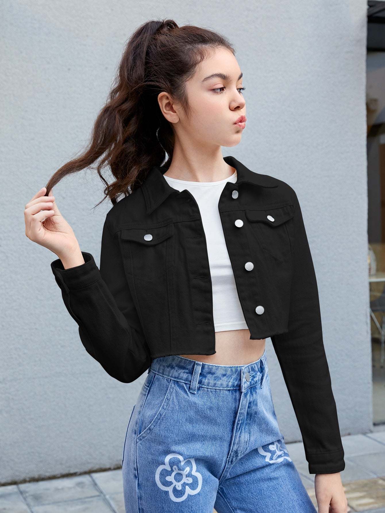 Teen Girls Flap Pocket Raw Edge Crop Denim Jacket