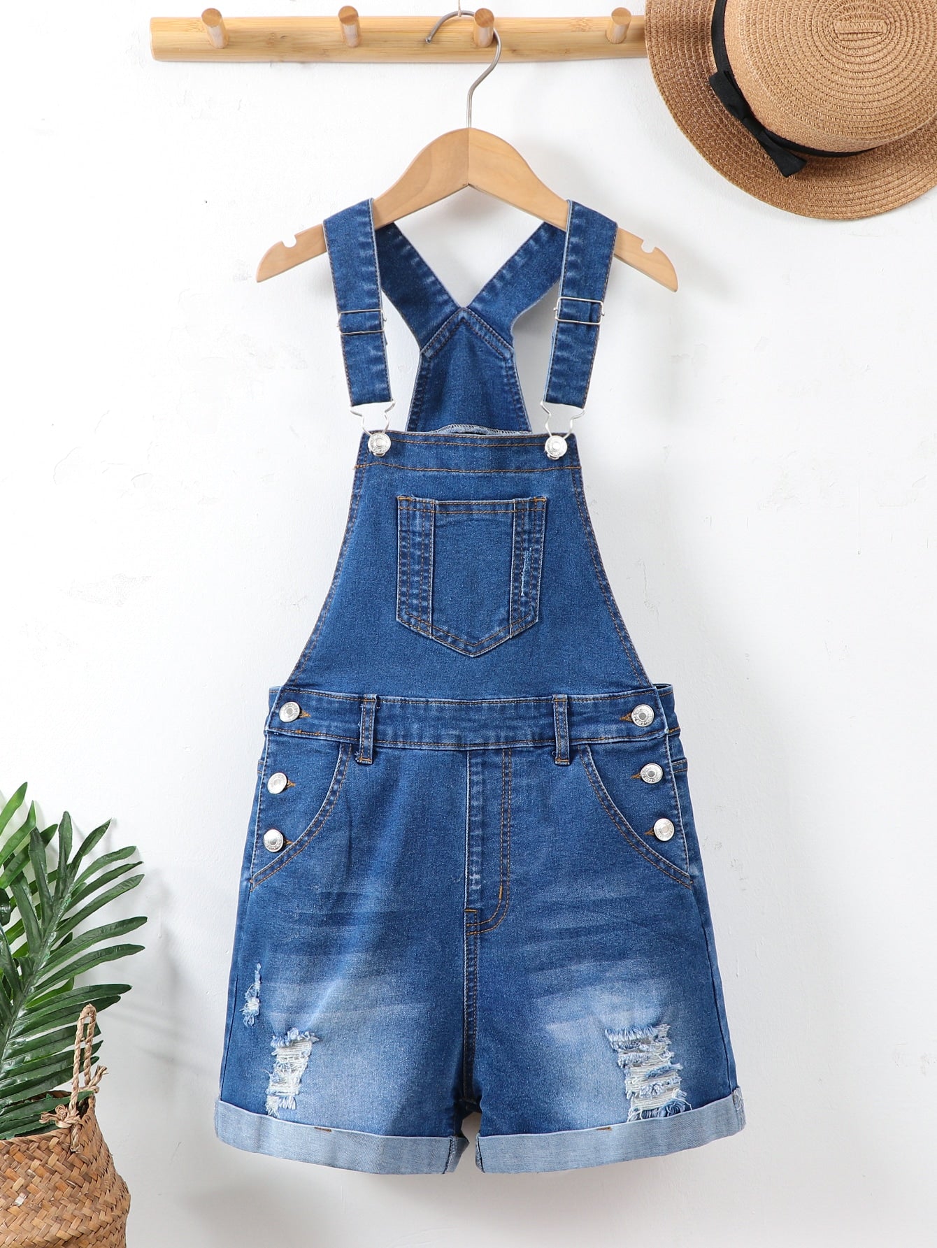 Teen Girls Ripped Roll Up Hem Denim Overall Romper