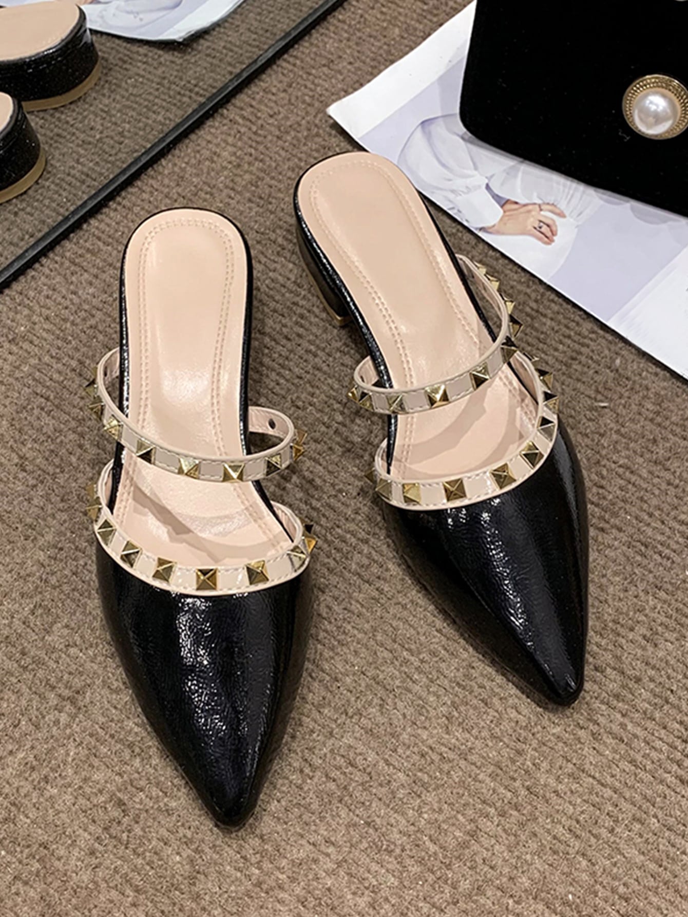 Women Studded Decor Flat Mules, Fashion Outdoor Flats