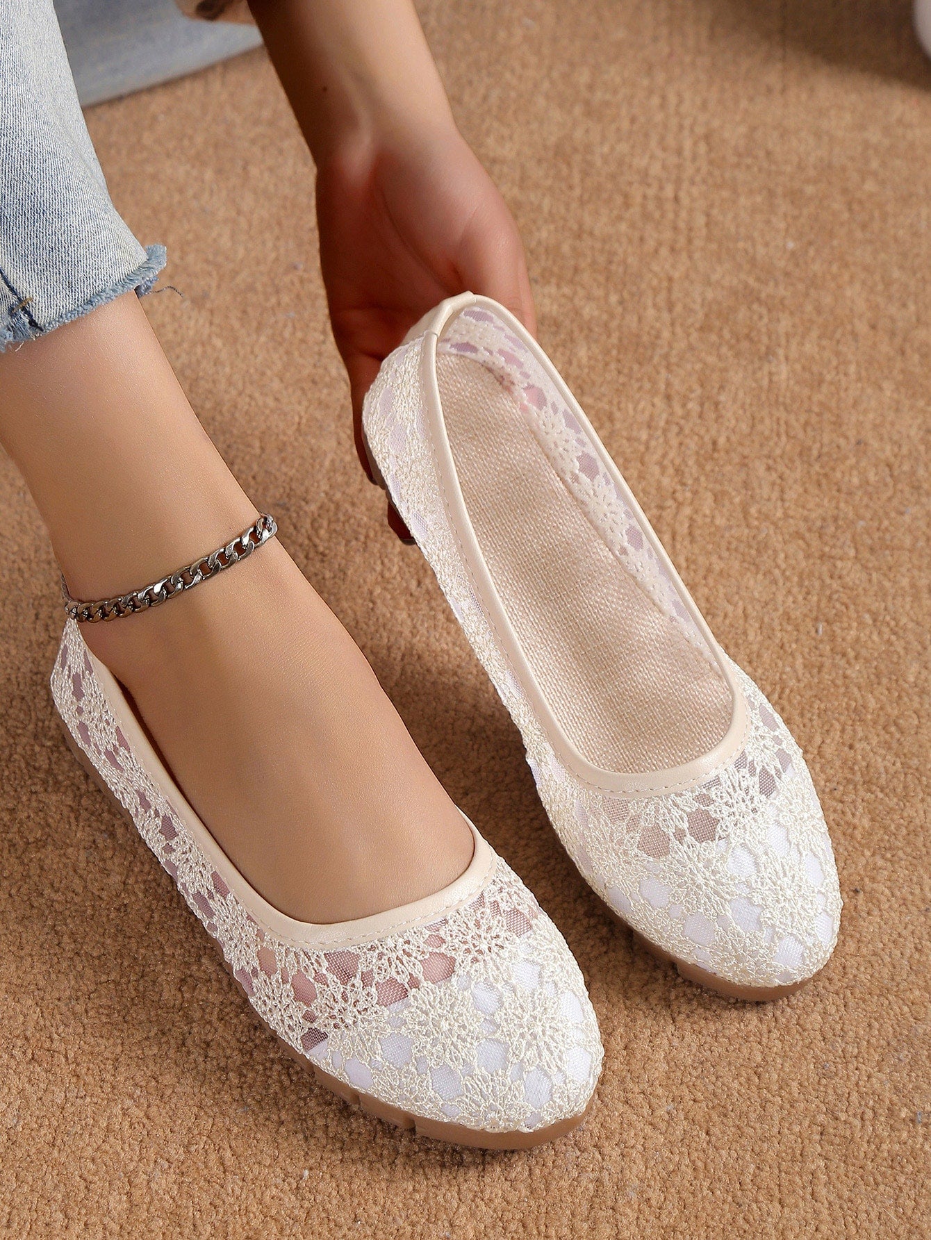 Women Comfortable Floral Embroidered Flats, Elegant White Mesh Ballet Flats