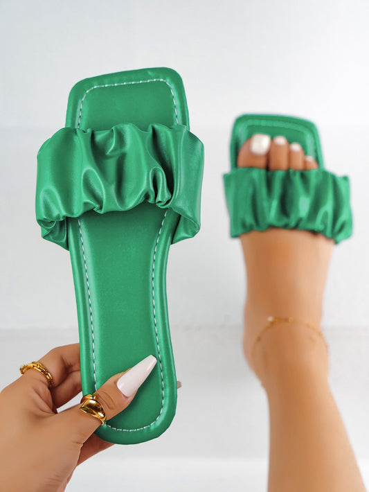 Women's Fashionable Green Solid Color Sandals With Ruffled Decoration And Single Strap