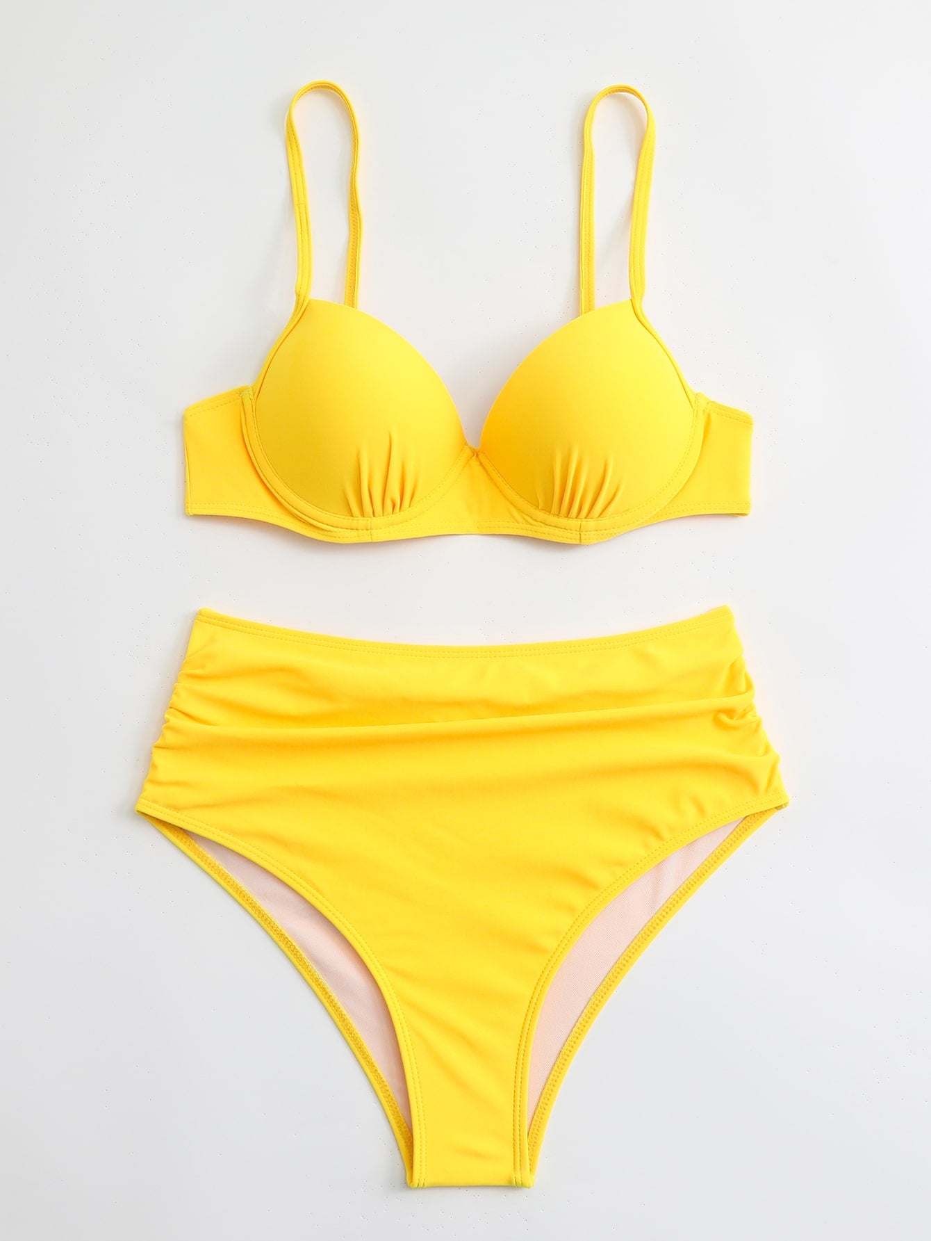 Swim Women's Summer Beach Solid Color Ruched Sexy Bikini Set With White Push-Up Padded Underwire Bra & Bikini Bottom
