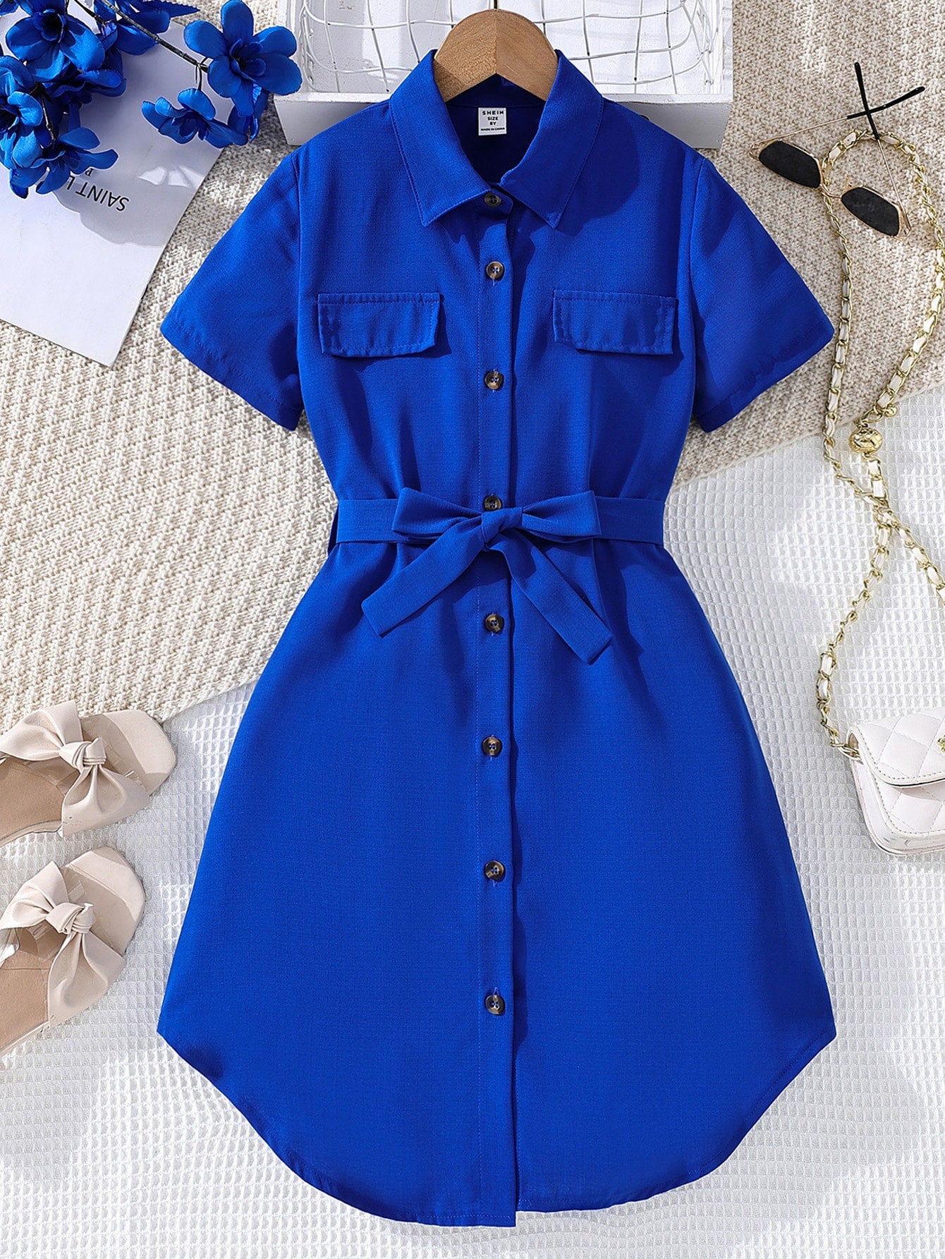 Tween Girl Flap Detail Button Front Belted Shirt Dress