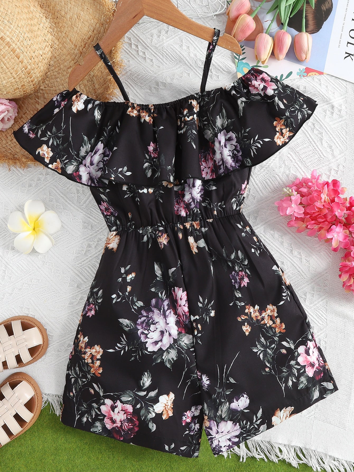 Tween Girl Floral Cold Shoulder Ruffle Trim Romper