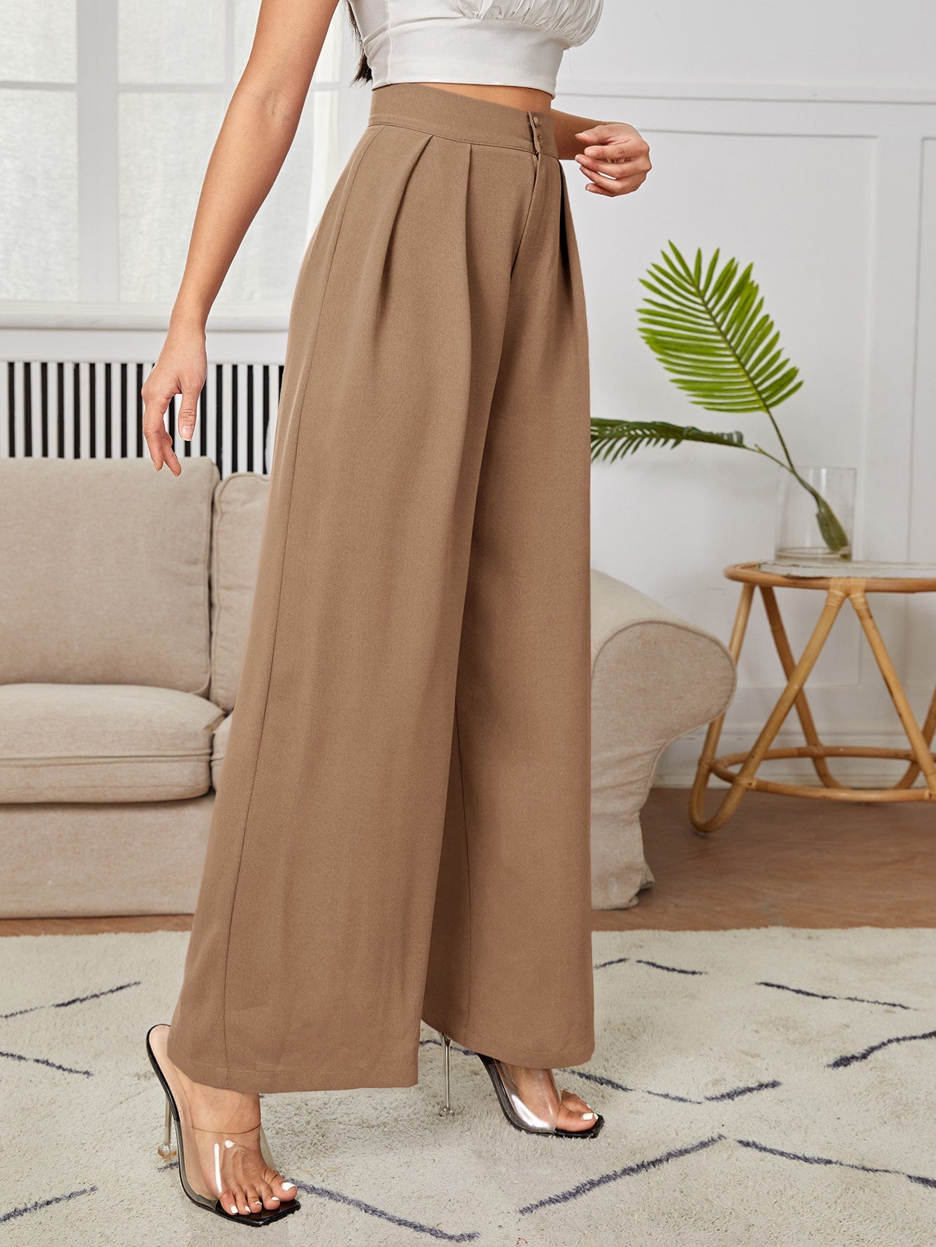 High Waist Plicated Wide Leg Black Dress Pants