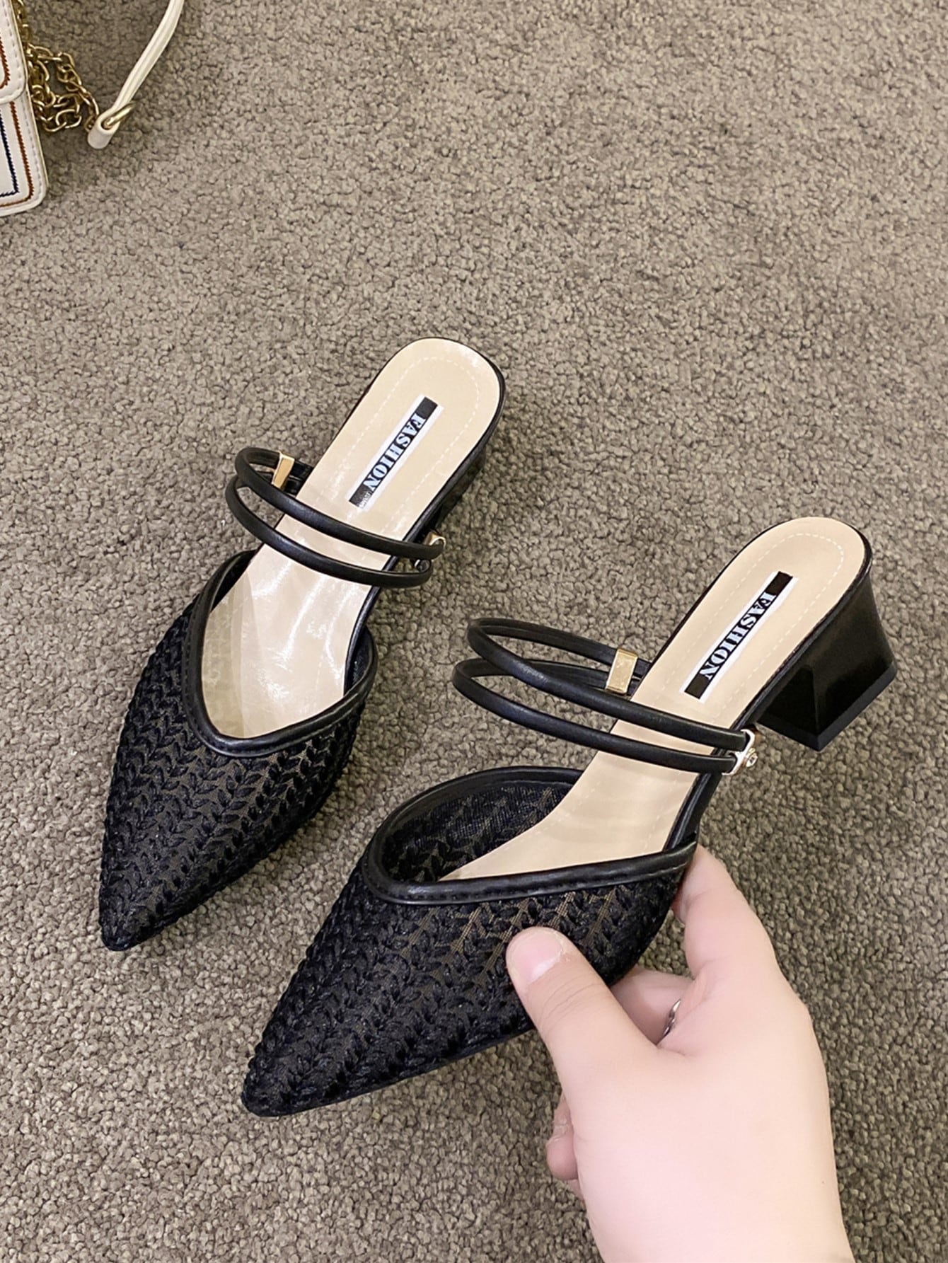 Women Minimalist Point Toe Chunky Heeled Pumps, Fashion Mesh Mule Pumps