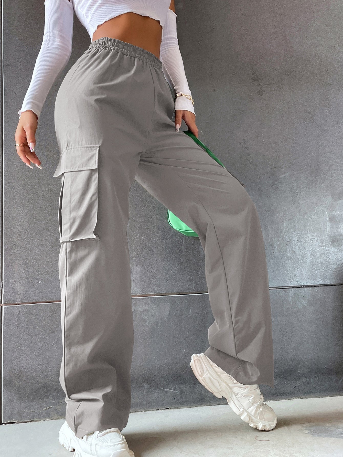 Solid High Waist Flap Pocket Cargo Pants