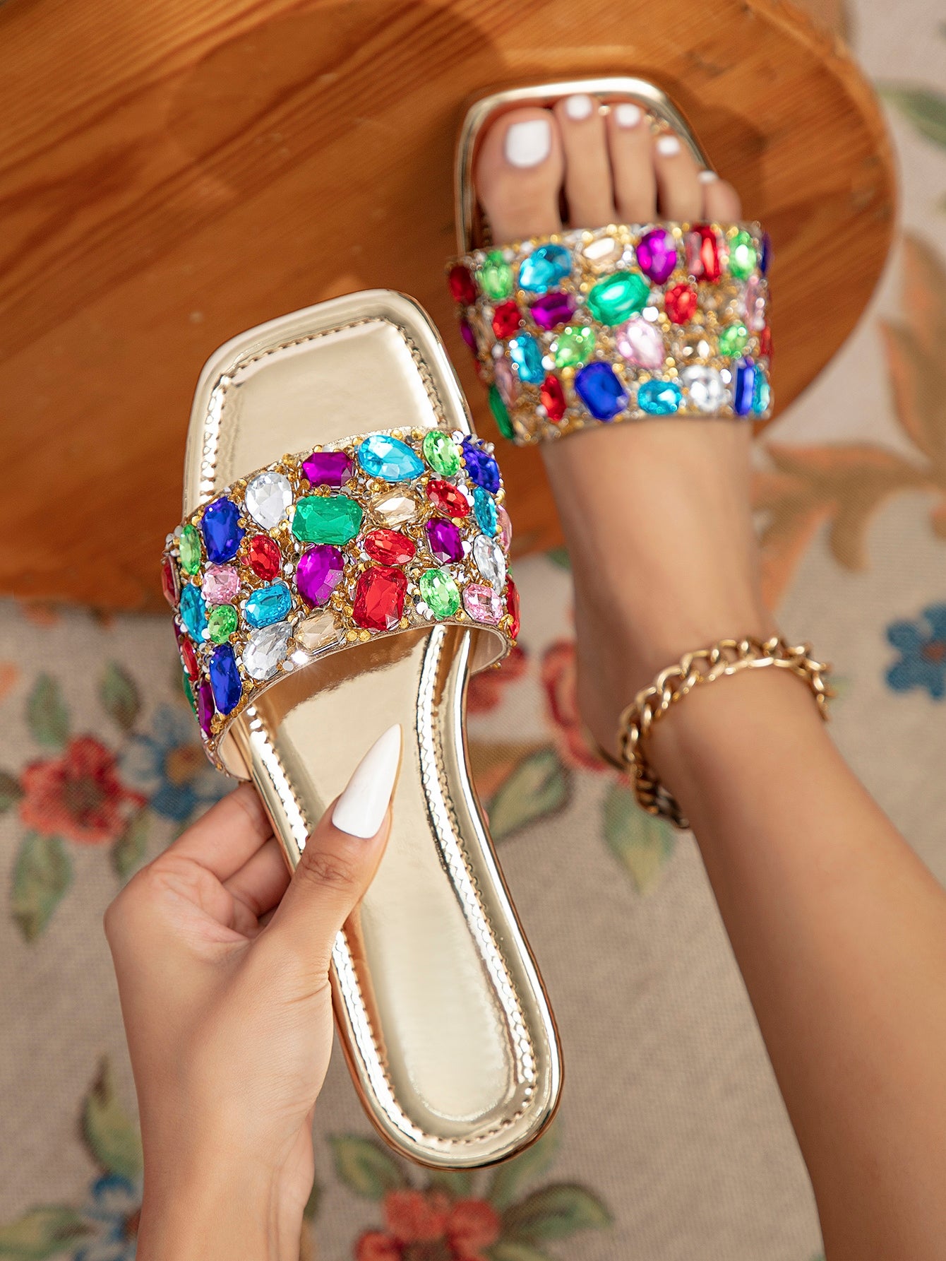 Women Rhinestone Decor Slide Sandals, Glamorous Summer Flat Sandals