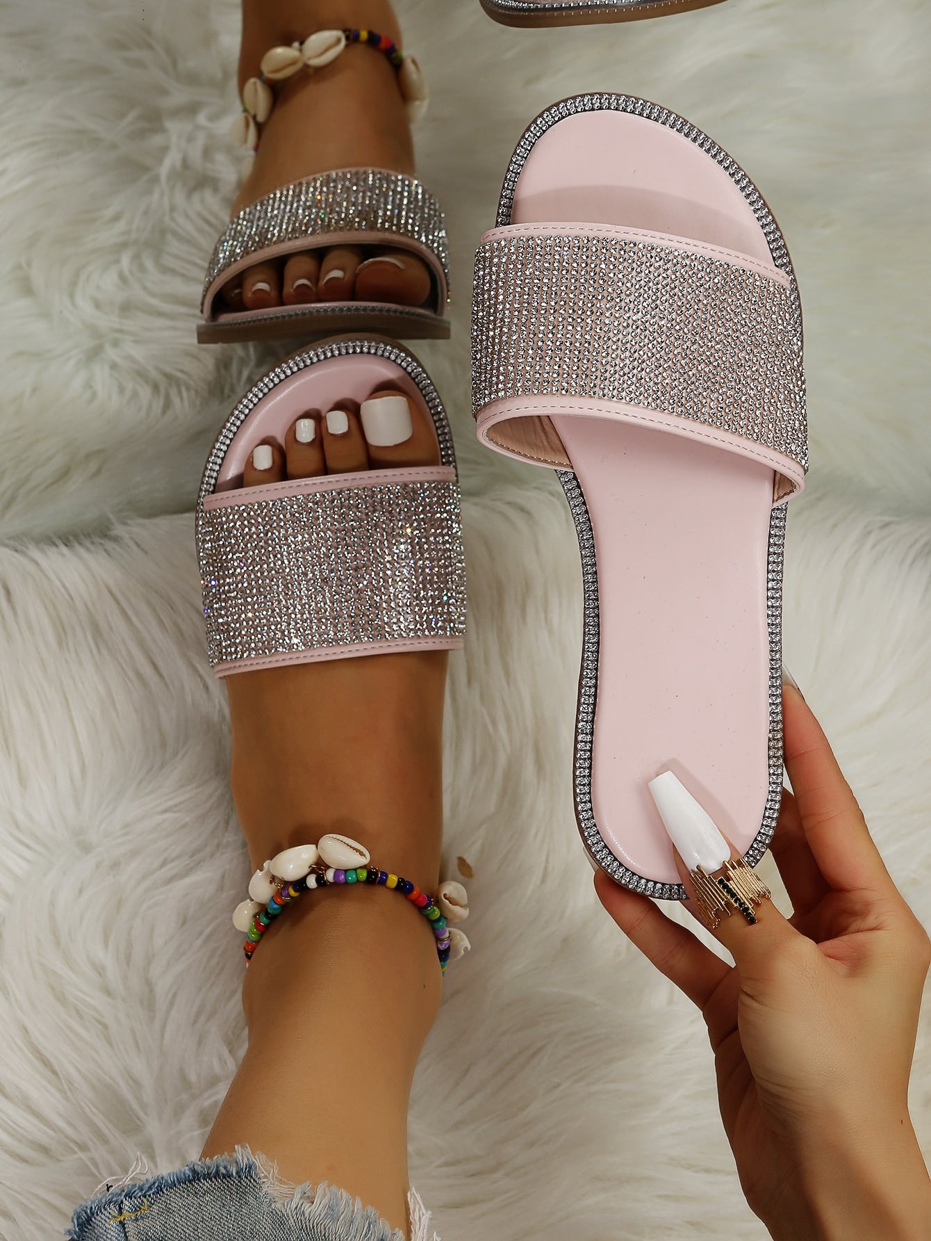 Women Rhinestone Decor Slide Sandals, Glamorous Summer Flat Sandals