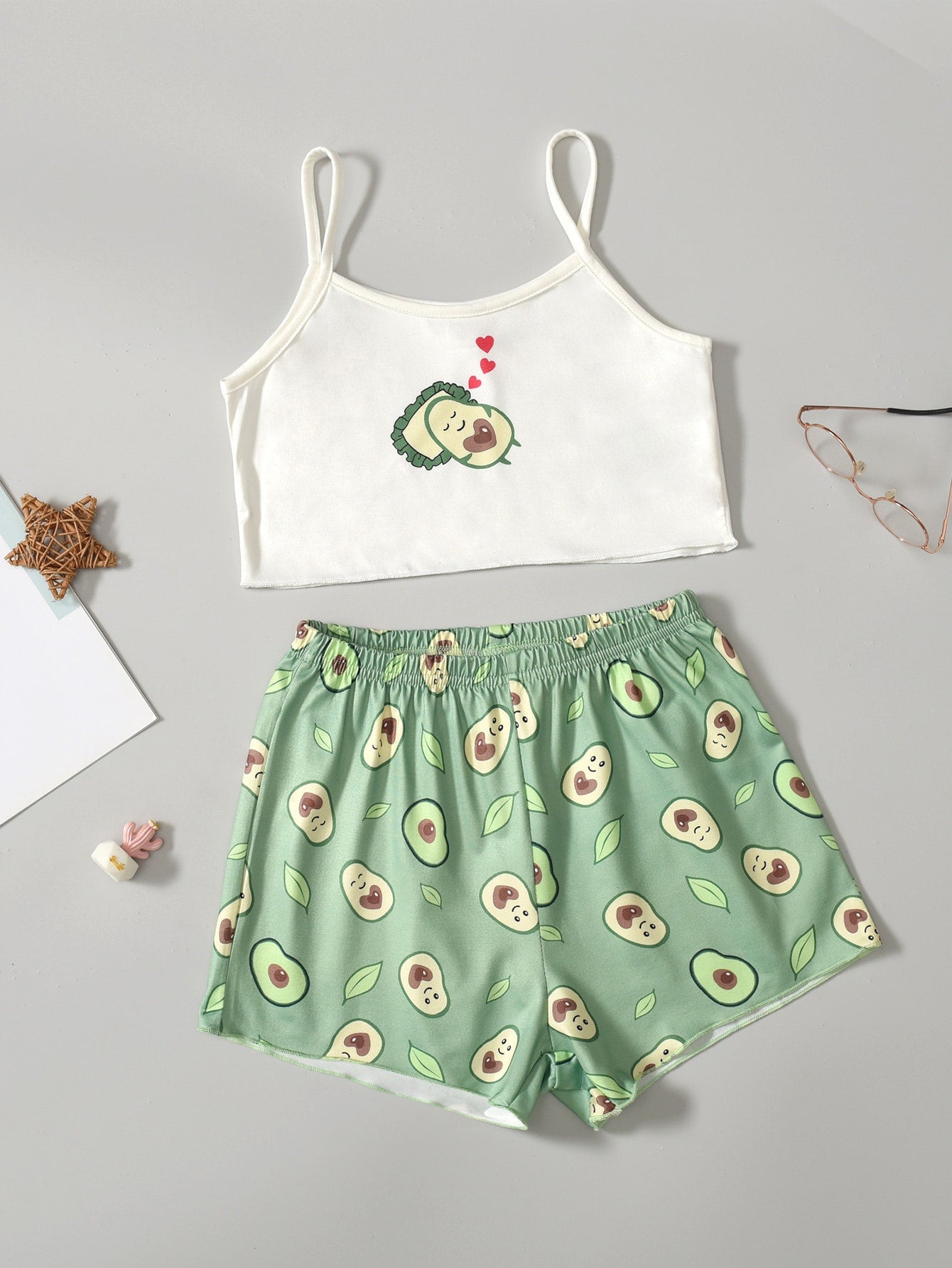 Tween Girl Cartoon Avocado Graphic Cami Top & Shorts PJ Set