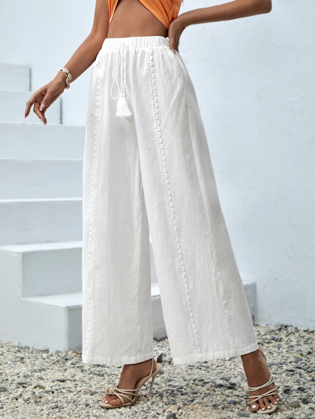 Women's Solid-Colored Loose Fit Casual Trousers With Tassel Detail Pants Pendant Decoration Beach