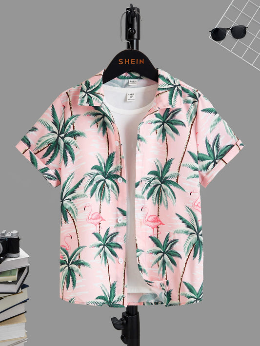 Tween Boy Summer Short-Sleeve Casual Tropical Pattern Shirt, Without T-Shirt