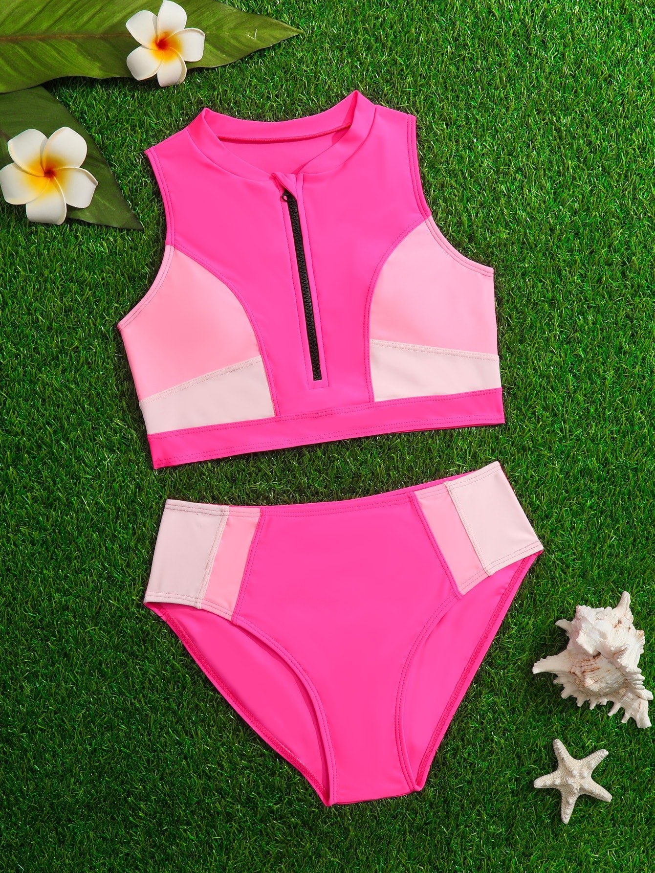 Teen Girl Color Block Zipper Front Bikini Set Summer Beach