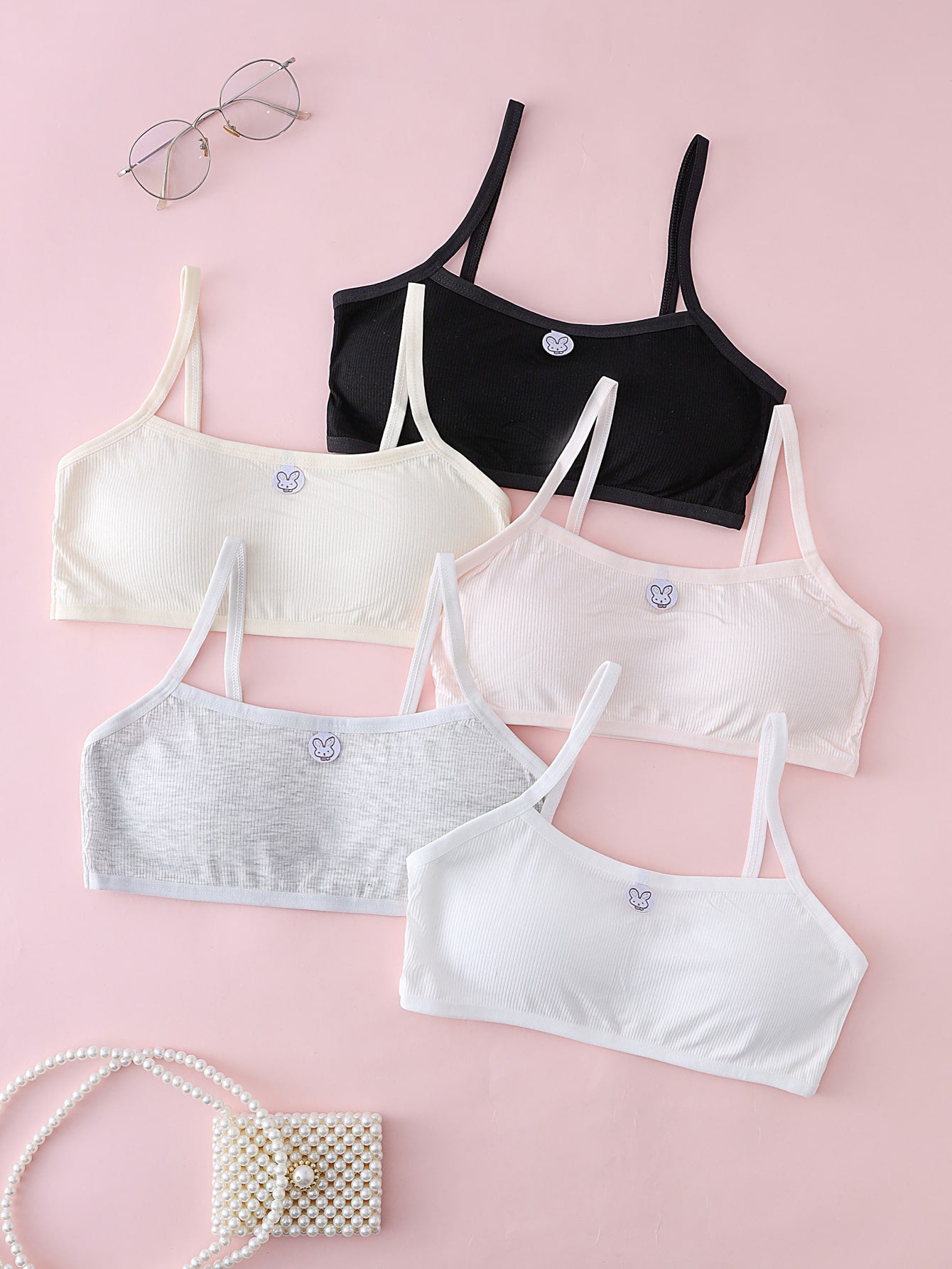 3pcs Tween Girls' Lingerie Set, Basic Style In Plain With Cartoon Patterns, Including Padded Comfortable Bra, Suitable For All Seasons