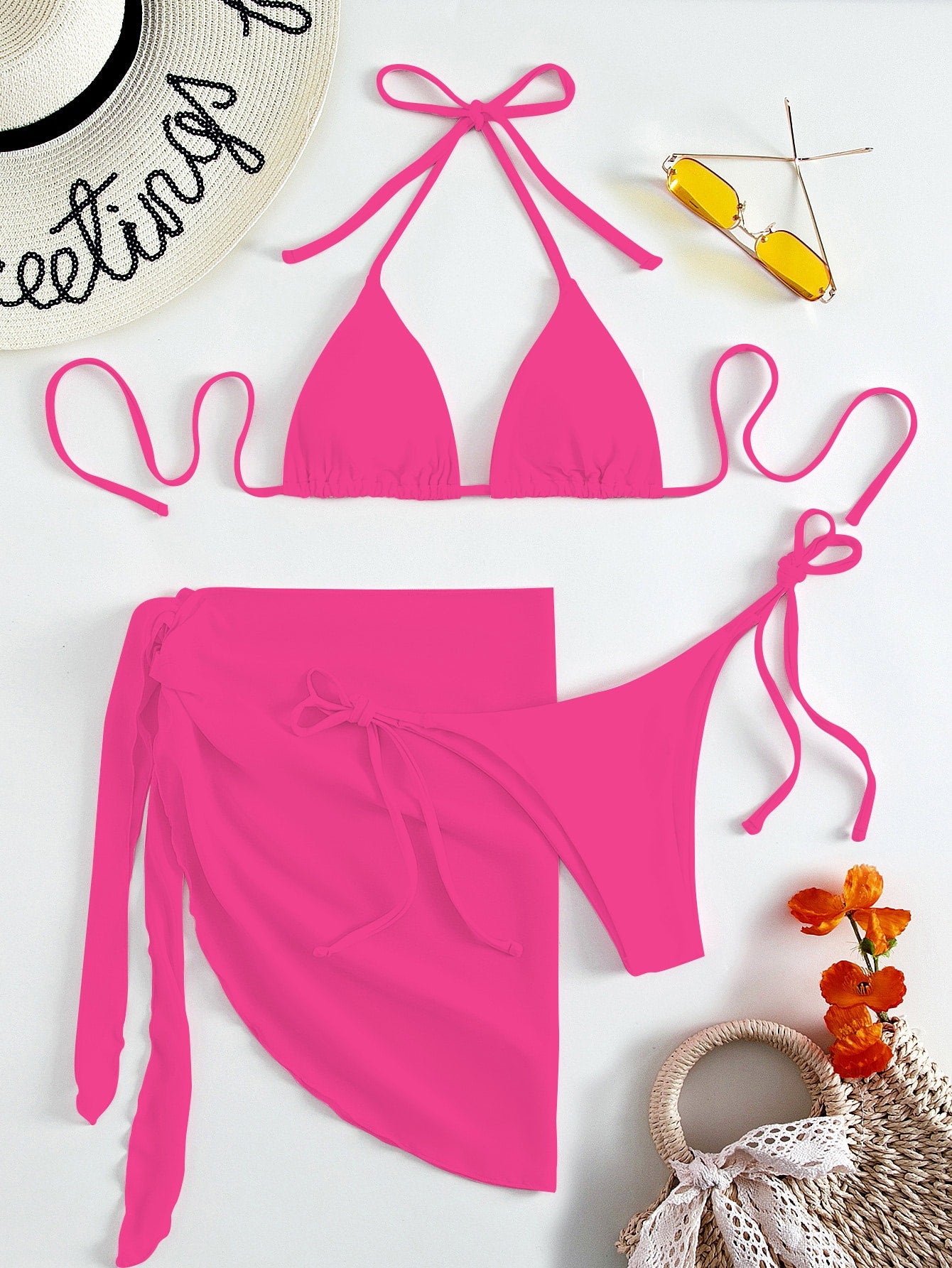 Swim Summer Beach Solid Bikini Set Triangle Bra & Thong Bottom & Beach Skirt 3 Piece Bathing Suit