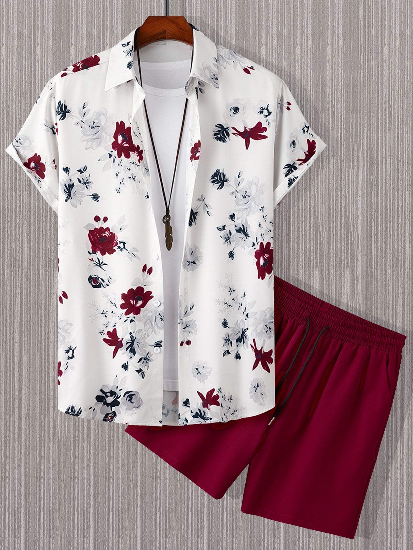 Men Floral Print Shirt & Drawstring Waist Shorts Without Tee