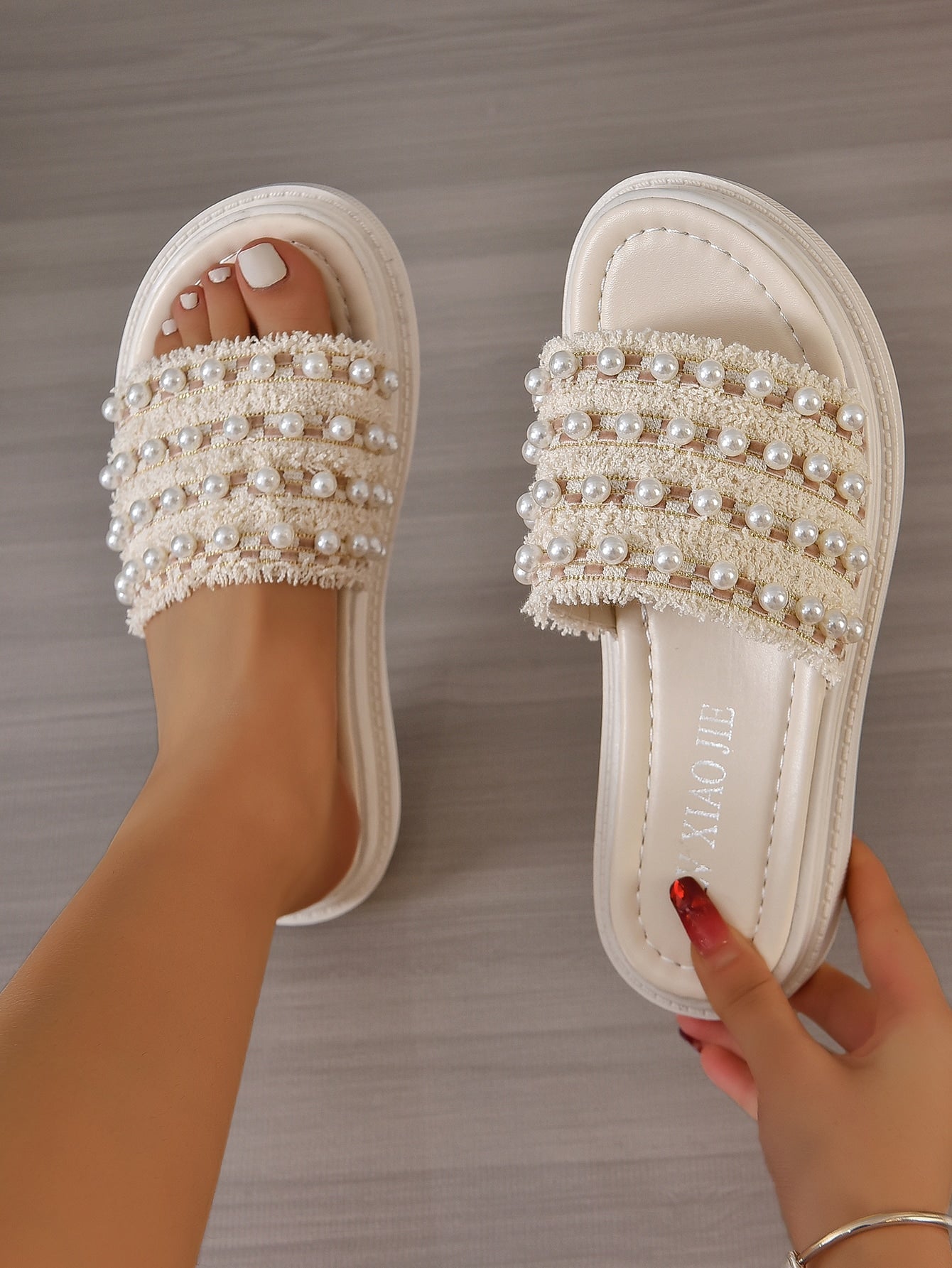 Preppy Wedge Slide Sandals For Women, Faux Pearl Decor Raw Trim Cross Strap Flatform Sandals