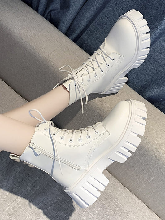 Women Lace-up Front Side Zipper Fashion Boots, Preppy Beige Combat Boots