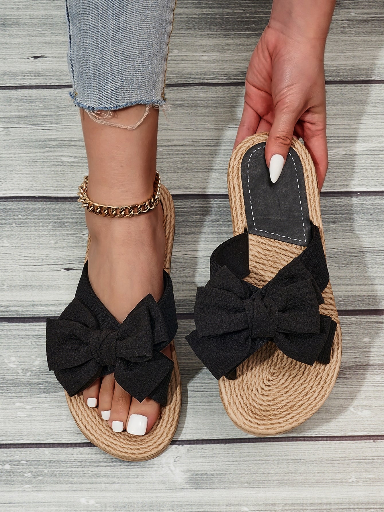 Preppy Outdoors Flat Slippers for Women, Bow Decor Polyester Open Toe Slide Sandals