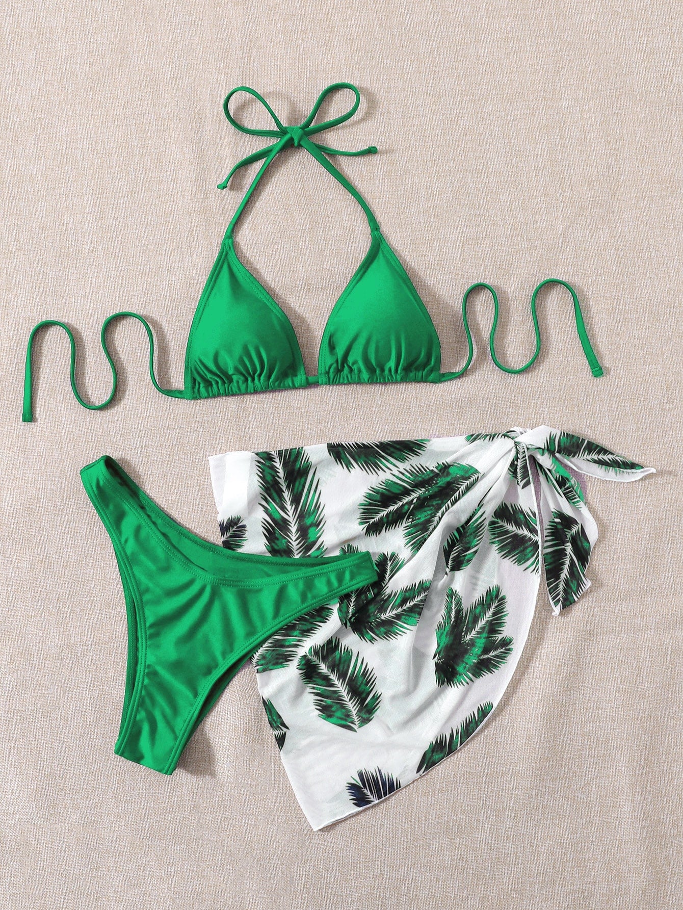 Swim Summer Beach Leaf Print Bikini Set Halter Triangle Bra & High Cut Bottom & Cover Up Skirt 3 Piece Bathing