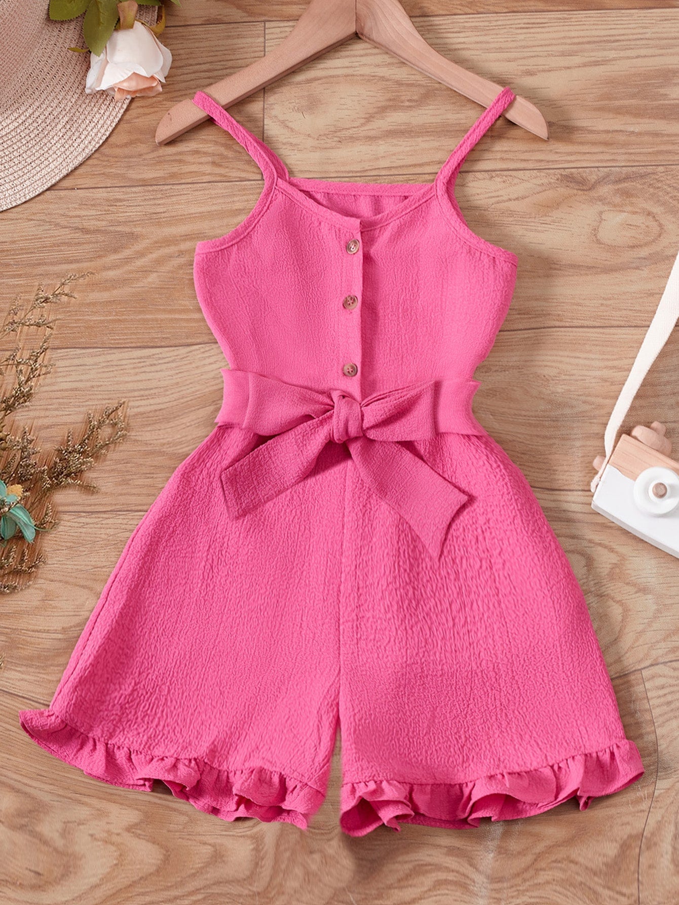 Young Girl Ruffle Hem Belted Cami Romper