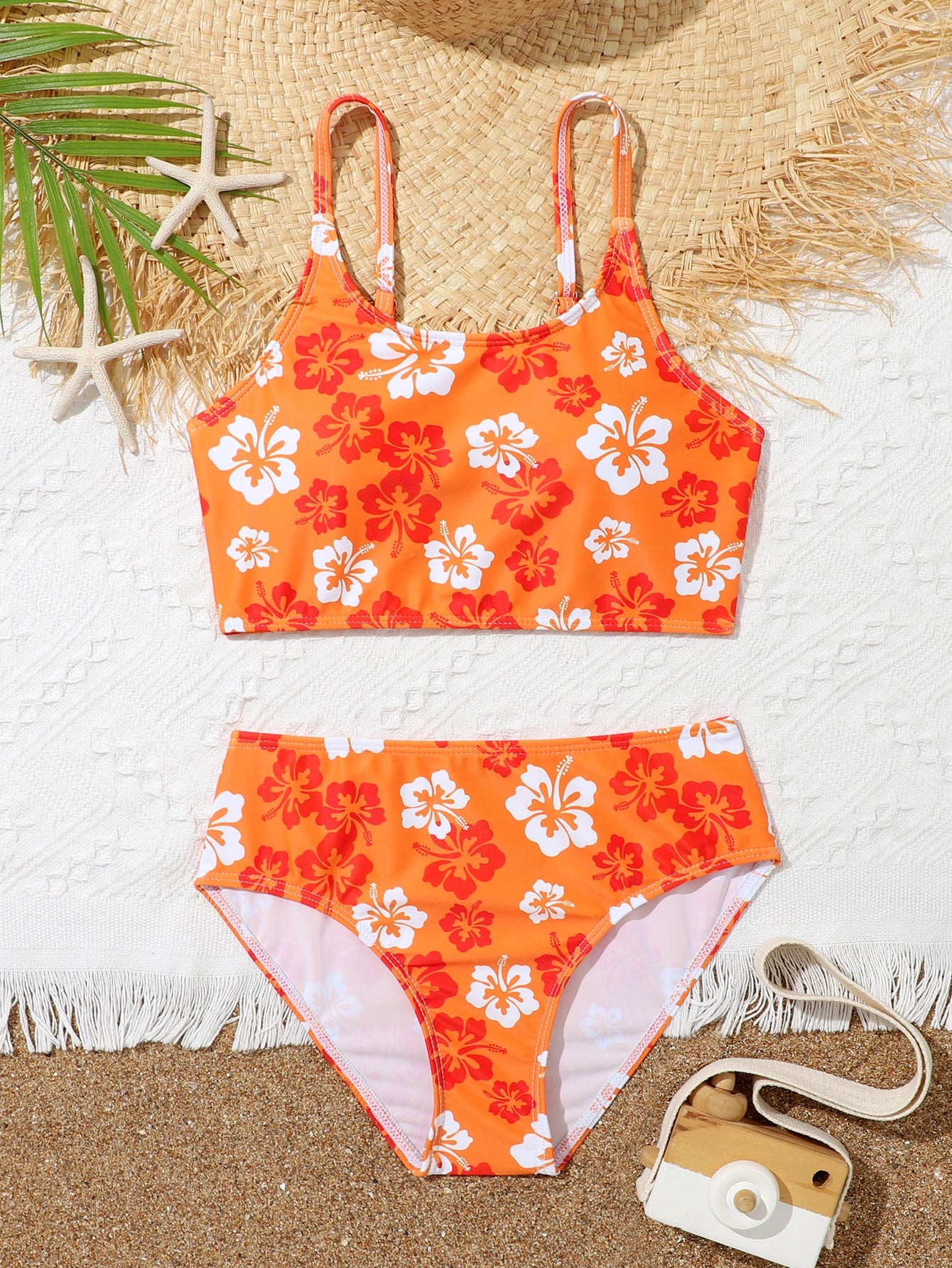 Tween Girl Floral Printed Bikini Set With Shoulder Straps Summer Beach