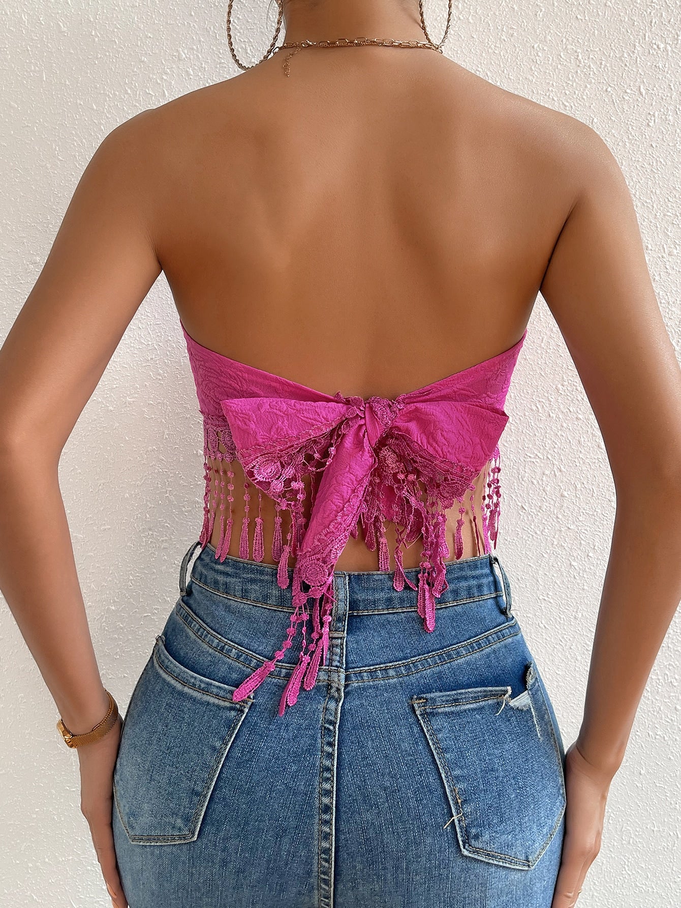 Jacquard Guipure Lace Fringe Hem Tie Back Crop Tube Top