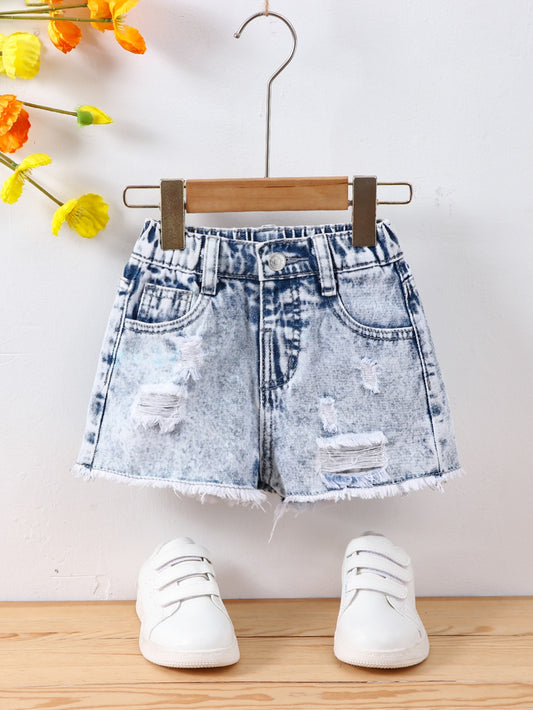 Young Girl Simple Daily Boho Street Casual Destroy Raw Hem Elastic Waist  Denim Shorts