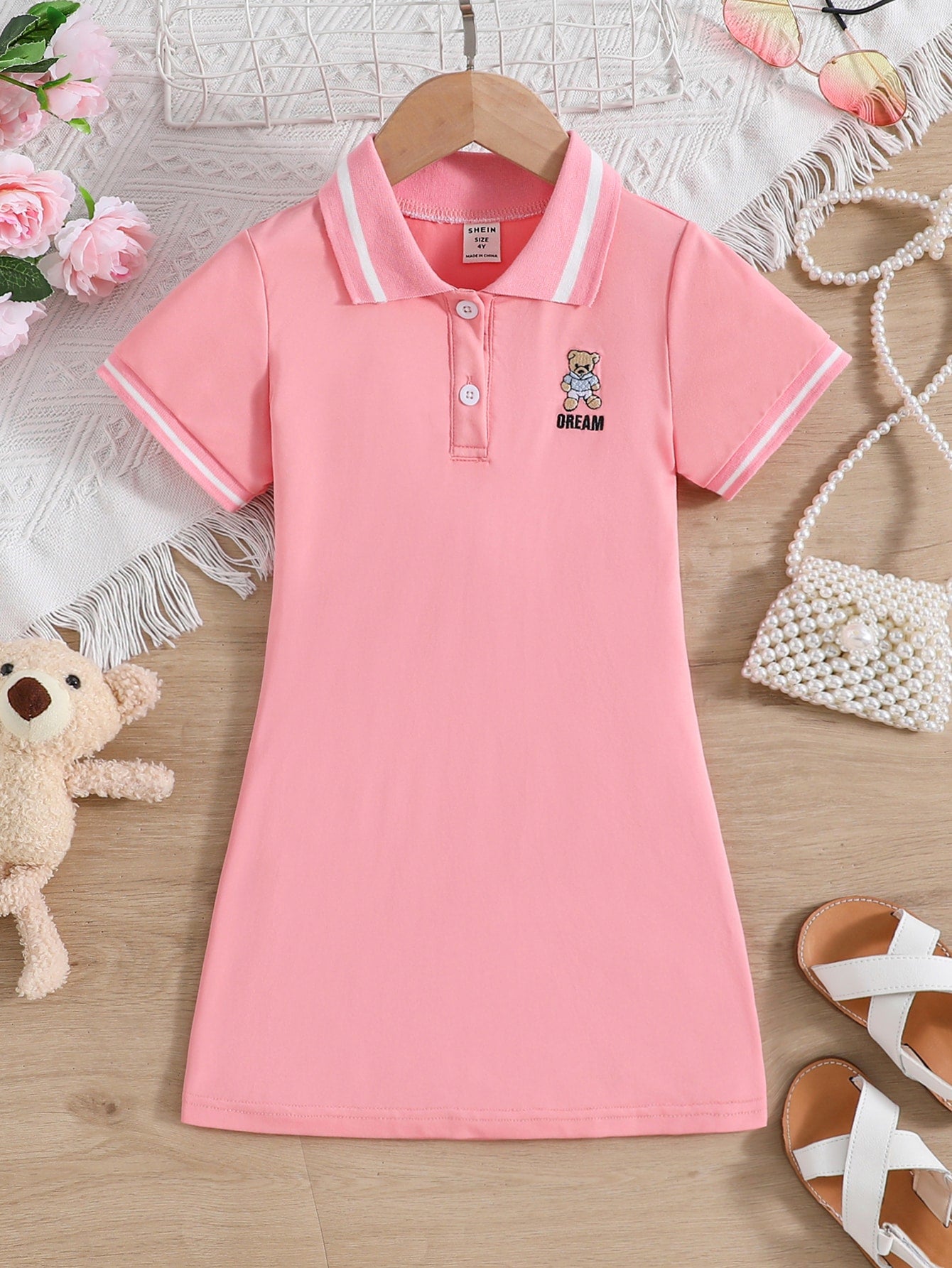 Young Girl Bear Embroidery Contrast Trim Polo Neck Tee Dress