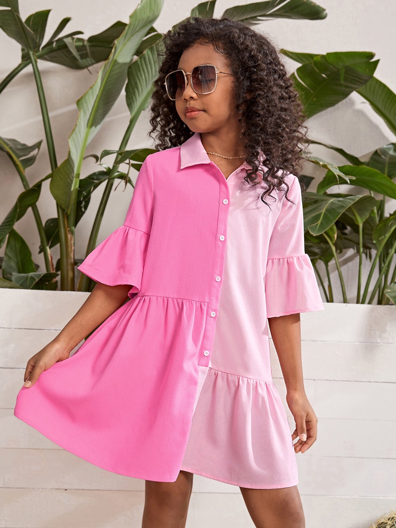 Tween Girl Two Tone Flounce Sleeve Ruffle Hem Smock Dress