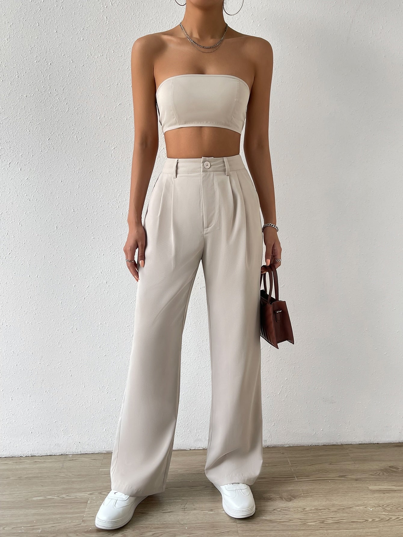 Solid Crop Tube Top & Fold Pleated Pants