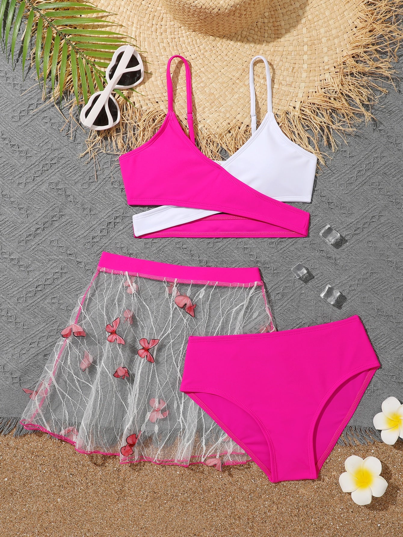 Tween Girl Two Tone Wrap Cross Bikini Set & Butterfly Print Beach Skirt Summer Beach