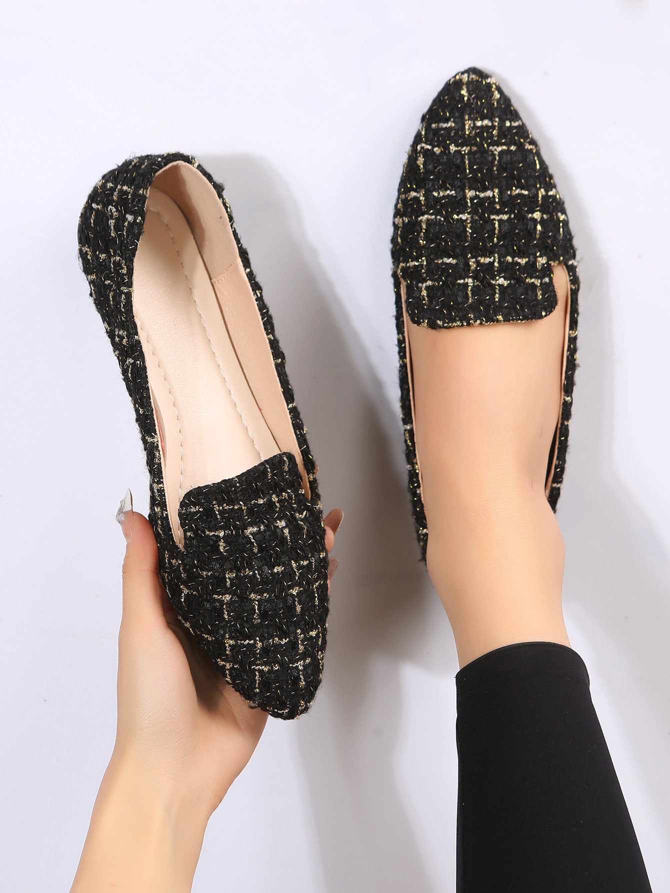 2023 Spring Autumn Fashion Black/Gold Grid Women Low Heel Pointed Toe Flats